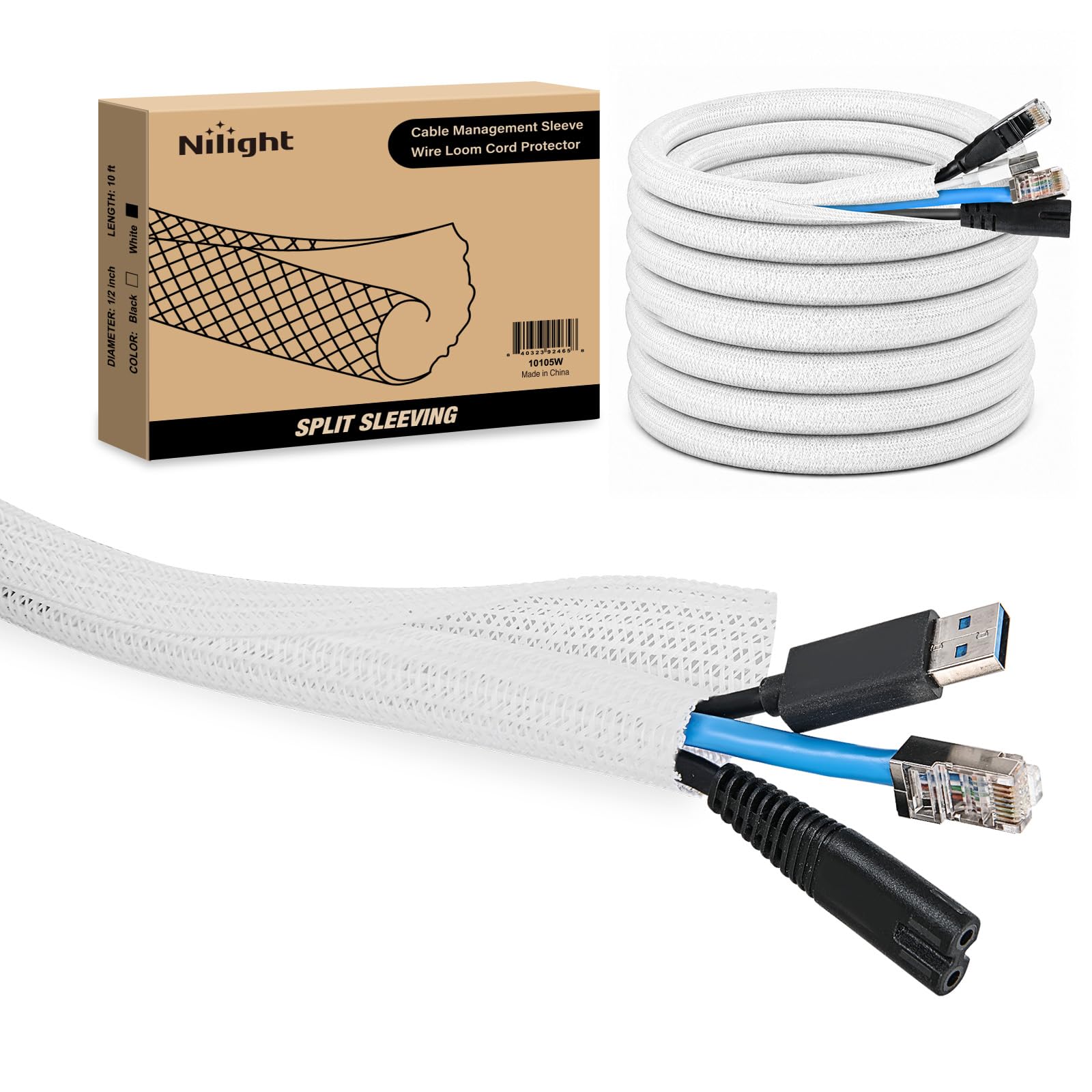 Nilight Cable Sleeve, 10ft-1/2inch Cord Management Sleeves White Wire Loom