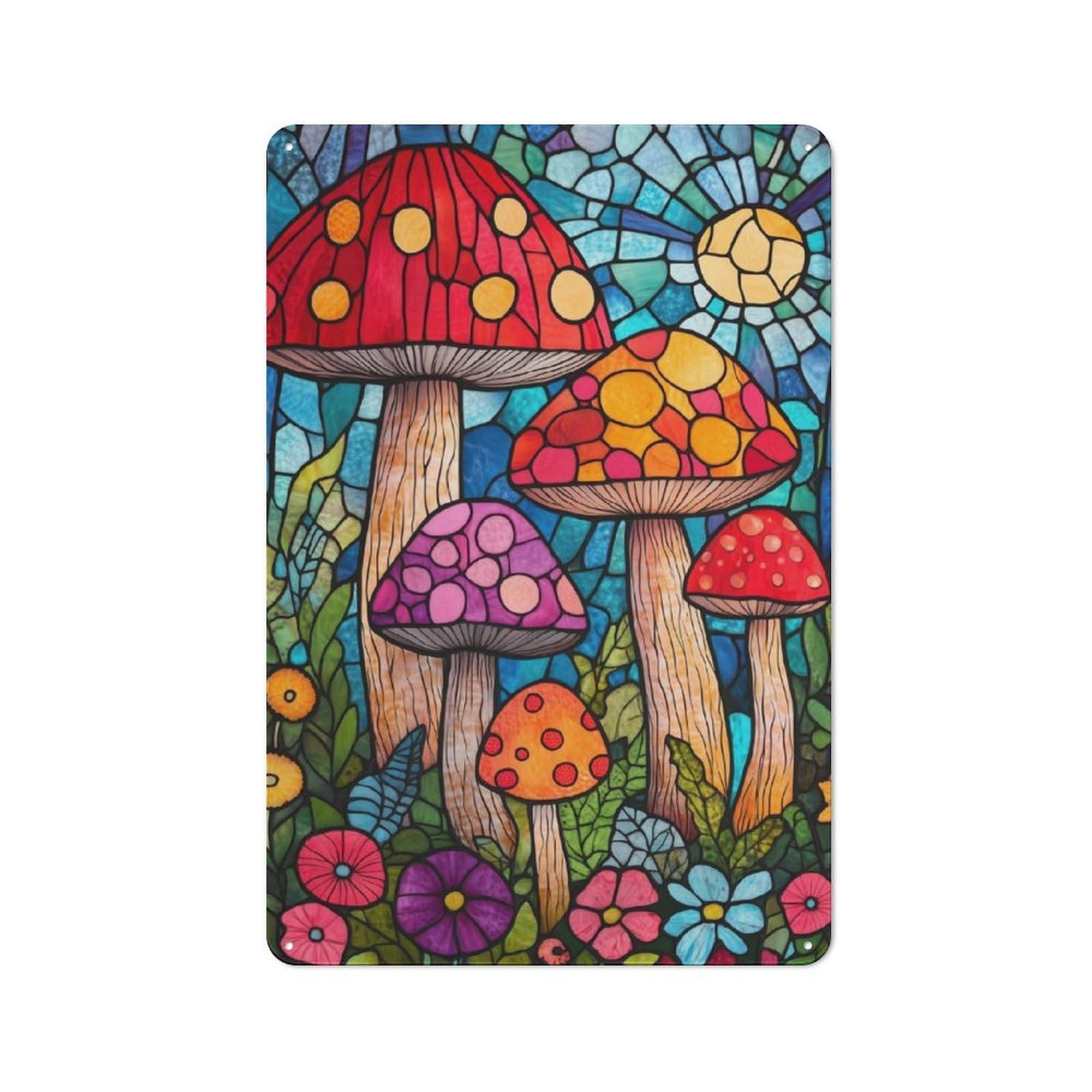 Junmoney Stained Glass Mushrooms Retro Tin Sign 30X20cm Featuring For Bar Or Restaurant, For Metal Sign Collectors, For Garage And Workshop Walls