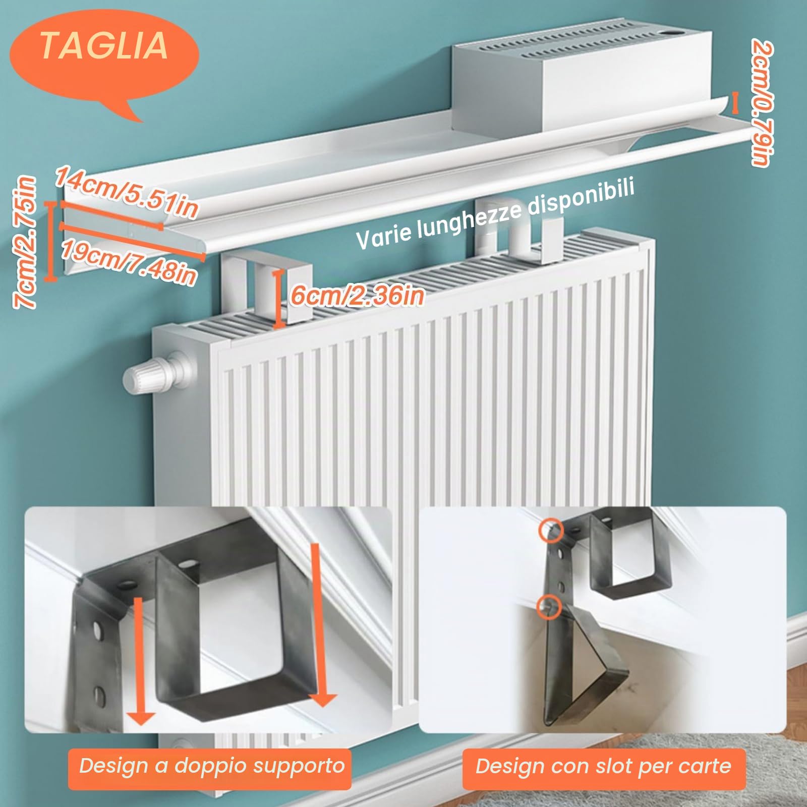 Copritermosifone Migliorata Bianca con Asta Portasciugamani, Mensola sopra Termosifone Senza Foratura Profondo 14cm, Copricalorifero in Lega di Alluminio con Staffa Facile da Montare,L 60cm/23.7in
