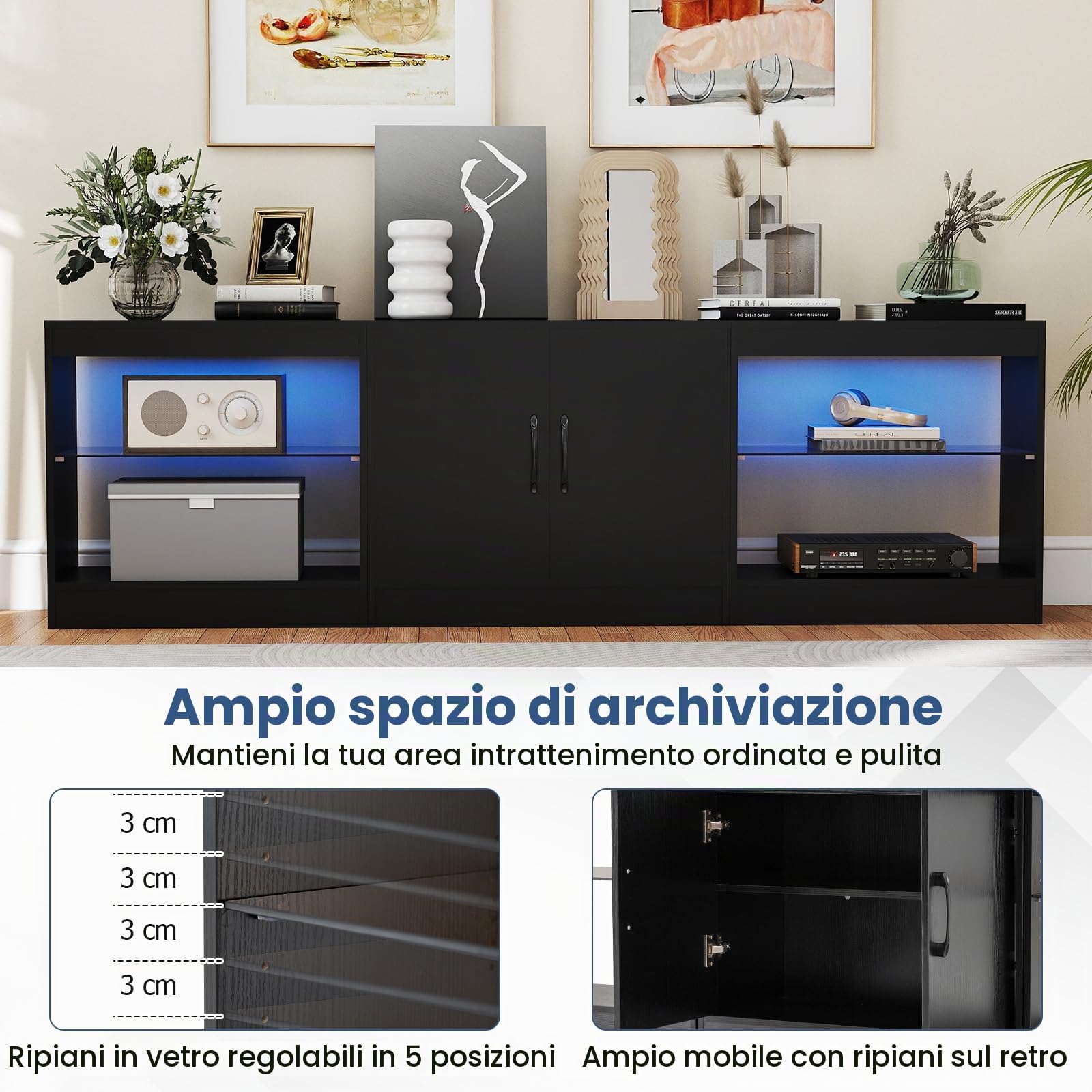 KOMFOTTEU Mobile TV da 85" 3 in 1 con Luci LED, Mobiletto porta Televisori Liberamente Combinabile da 3 Pezzi, con Ripiani in Vetro Regolabili, per Soggiorno, Camera da Letto, 195x30x55cm (Nero)