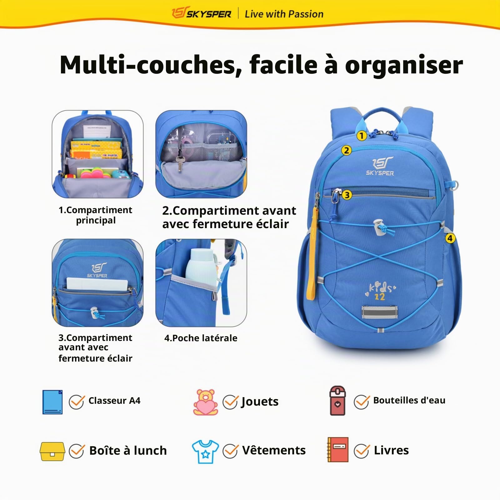 SKYSPER Cartable Fille Garcon Primaire 12-18L Sac à Dos Enfant | avec Sangle de Poitrine Léger Sac A Dos Maternelle 3-8 Ans Petit Cartable Fille Primaire pour Voyage Randonnée