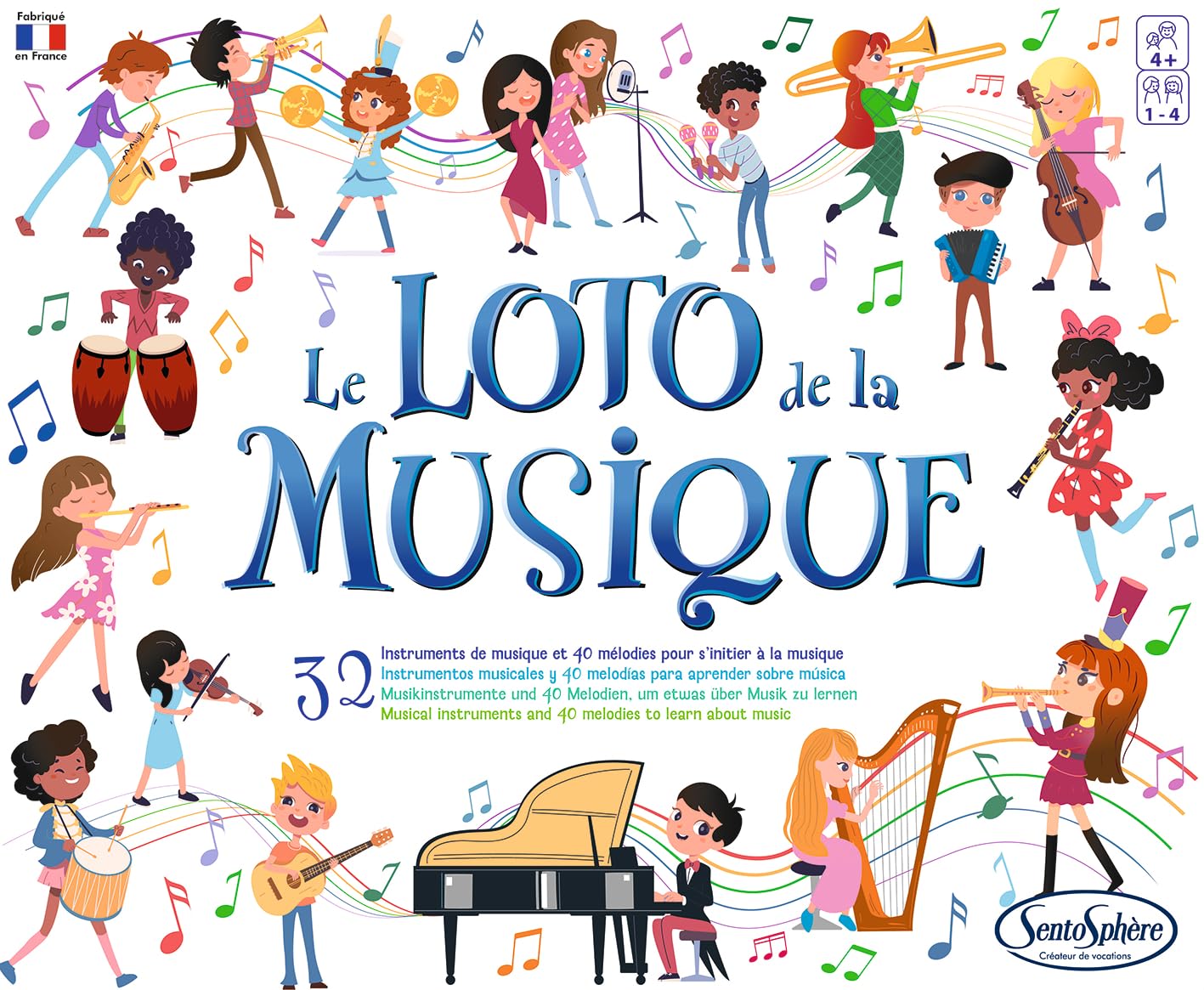 Sentosphère- Le Loto de la Musique - Jeu Sensoriel - Un boîtier de 32 Instruments pour découvrir/enrichir sa Culture Musicale - A partir de 4 Ans - Fabriqué en France - 1012