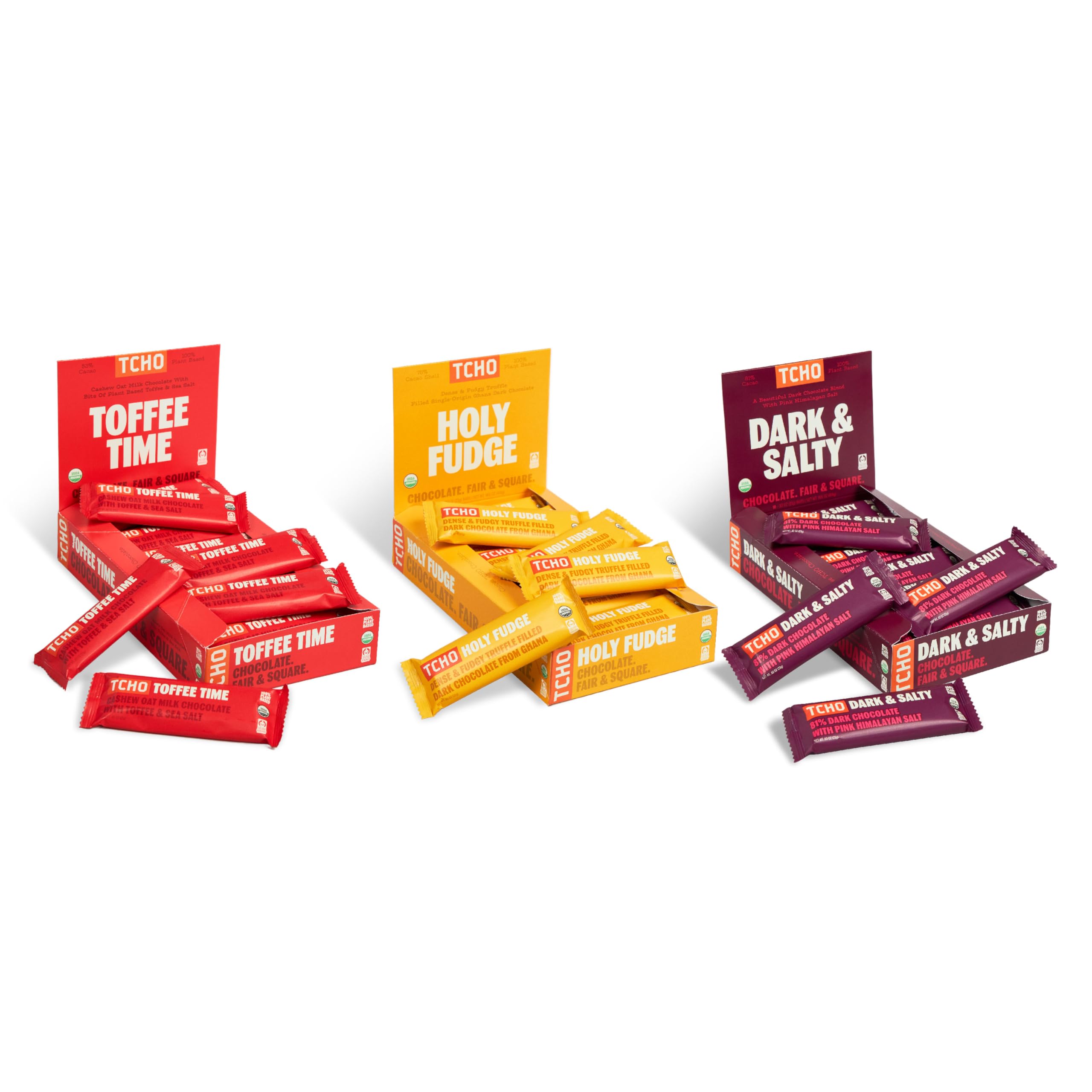 TCHO Singles Variety Pack - Plant Based, Organic Chocolate Singles - Vegan, Gluten-Free, Soy-Free - Handcrafted Pure Cacao Bars - Healthy Chocolate Bars Perfect for Gifting 18 Count - Holy Fudge, Toffee Time, Dark & Salty (Pack of 3)