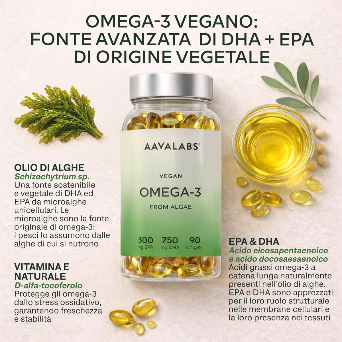 Omega 3 Vegan ad Alta Efficienza [1500 mg] Omega3 con 750mg DHA e 300mg EPA per Dose Giornaliera - Integratore Omega 3 da Olio di Alghe Vegetale Puro Sostenibile - 90 Softgel