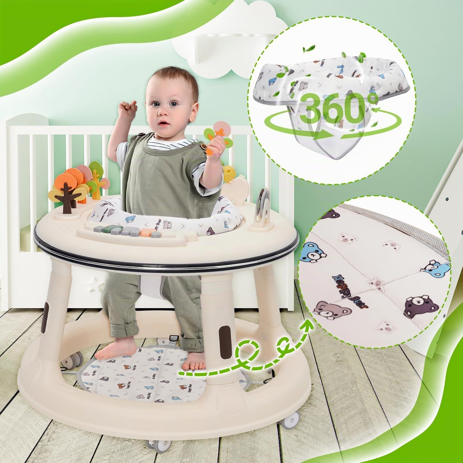 Girello Bambino,Girello 2 Altezze Regolabili,Resistente al Ribaltamento,BabyWalker con Giocattoli Montessori, Ruote Silenziose a 360° e Attività musicali staccabili, Da 9-18 Mesi in su