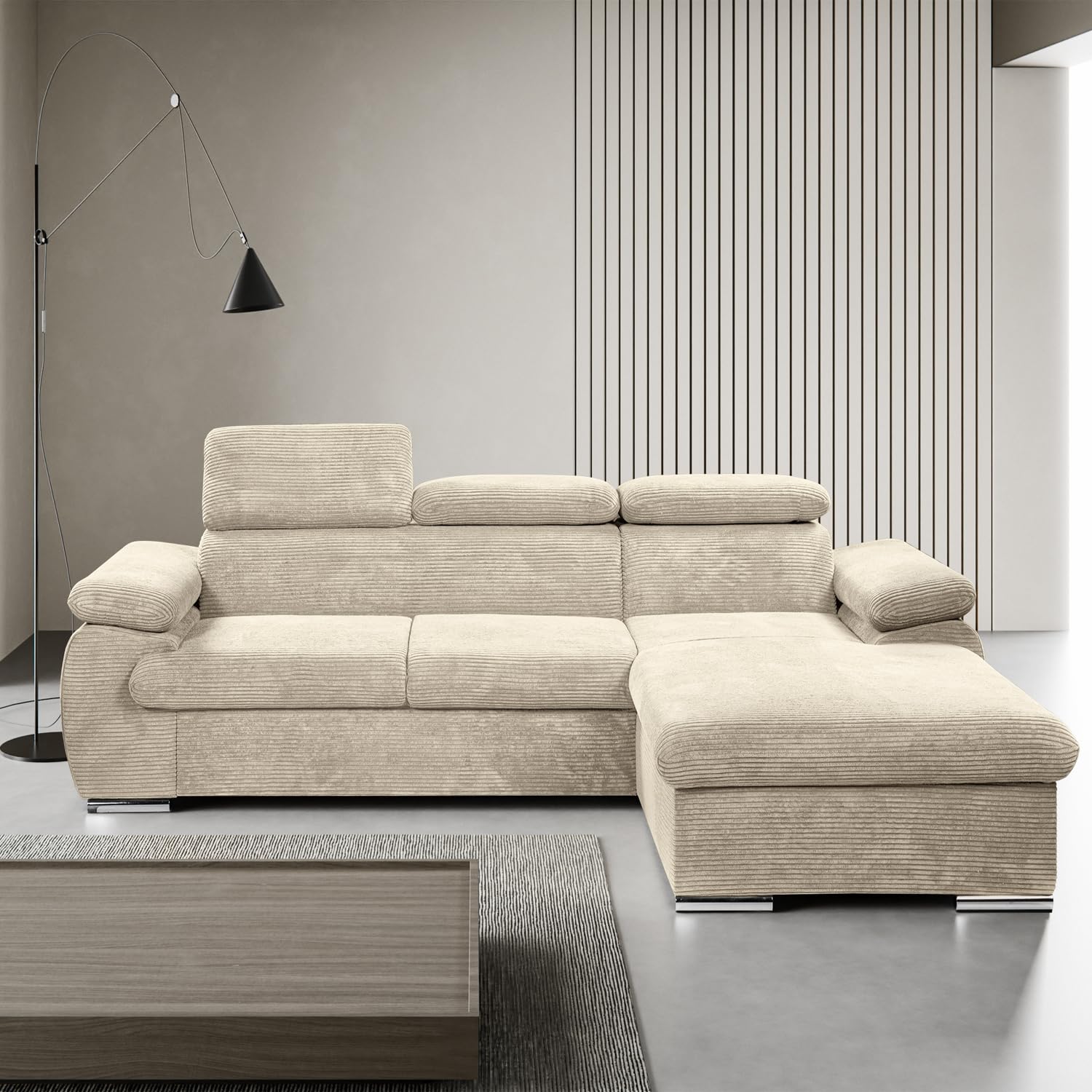 Canapé d'angle Droit Convertible Velours côtelé Beige avec têtières - KOST