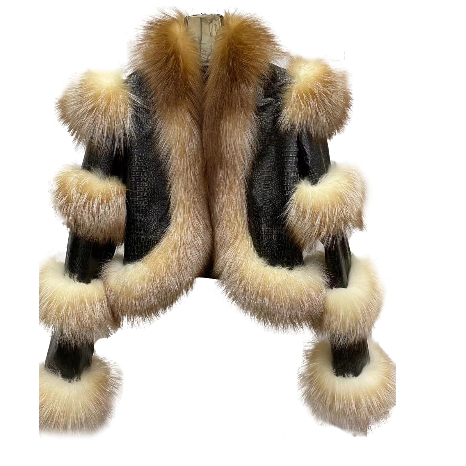 LVCOMEFF Women Sheep Leather Cropped Jacket Bolero Top Coat Motorcycle Jacket With Fox Fur Layer Long Sleeve Python Pattern