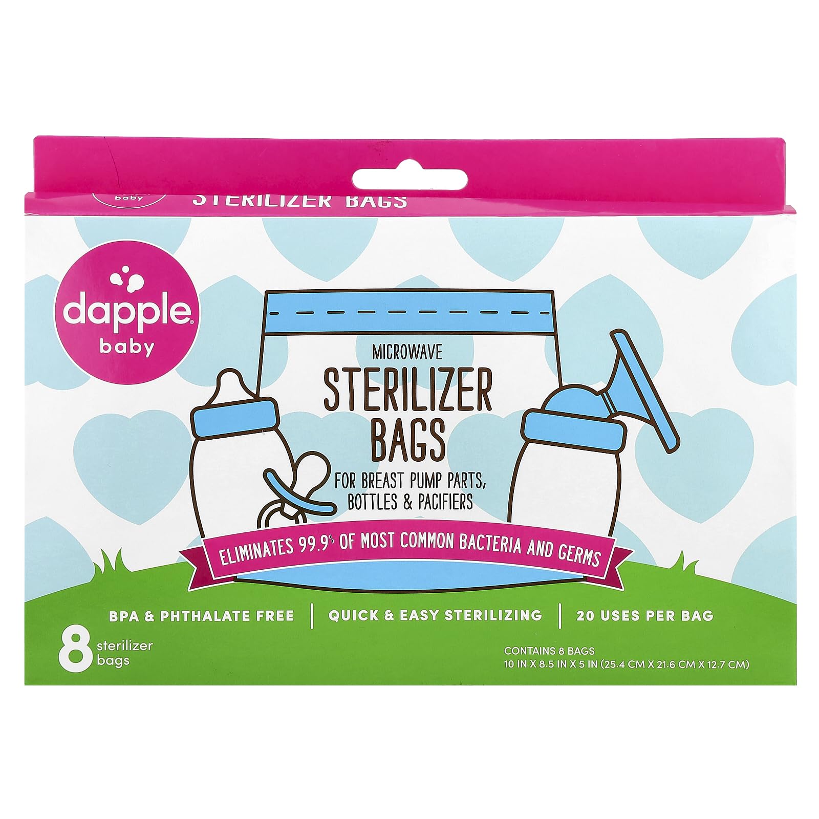 Dapple Baby Microwave Sterilizer Bags, Reusable for Breast Pump Parts & Baby Bottle, 20 Uses Per Bag, Great for Travel & Office, 8 Count (Pack of 1)