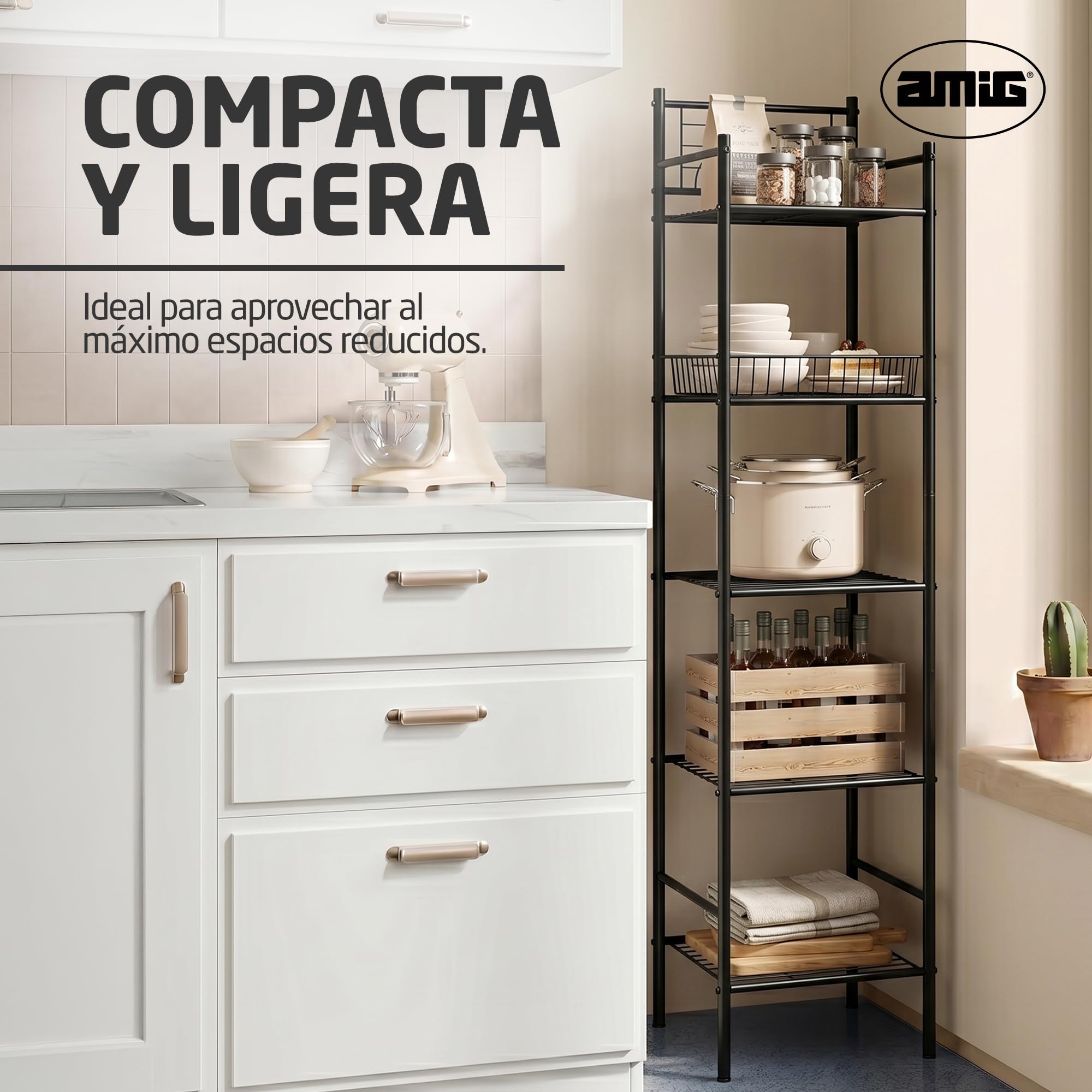 Amig - Estantería de baño Mod. ORIA - 5 Alturas - Fabricado en Acero - Color Negro Mate - con Patas Ajustables - para Espacios pequeños - 34 x 30 x 150 cm