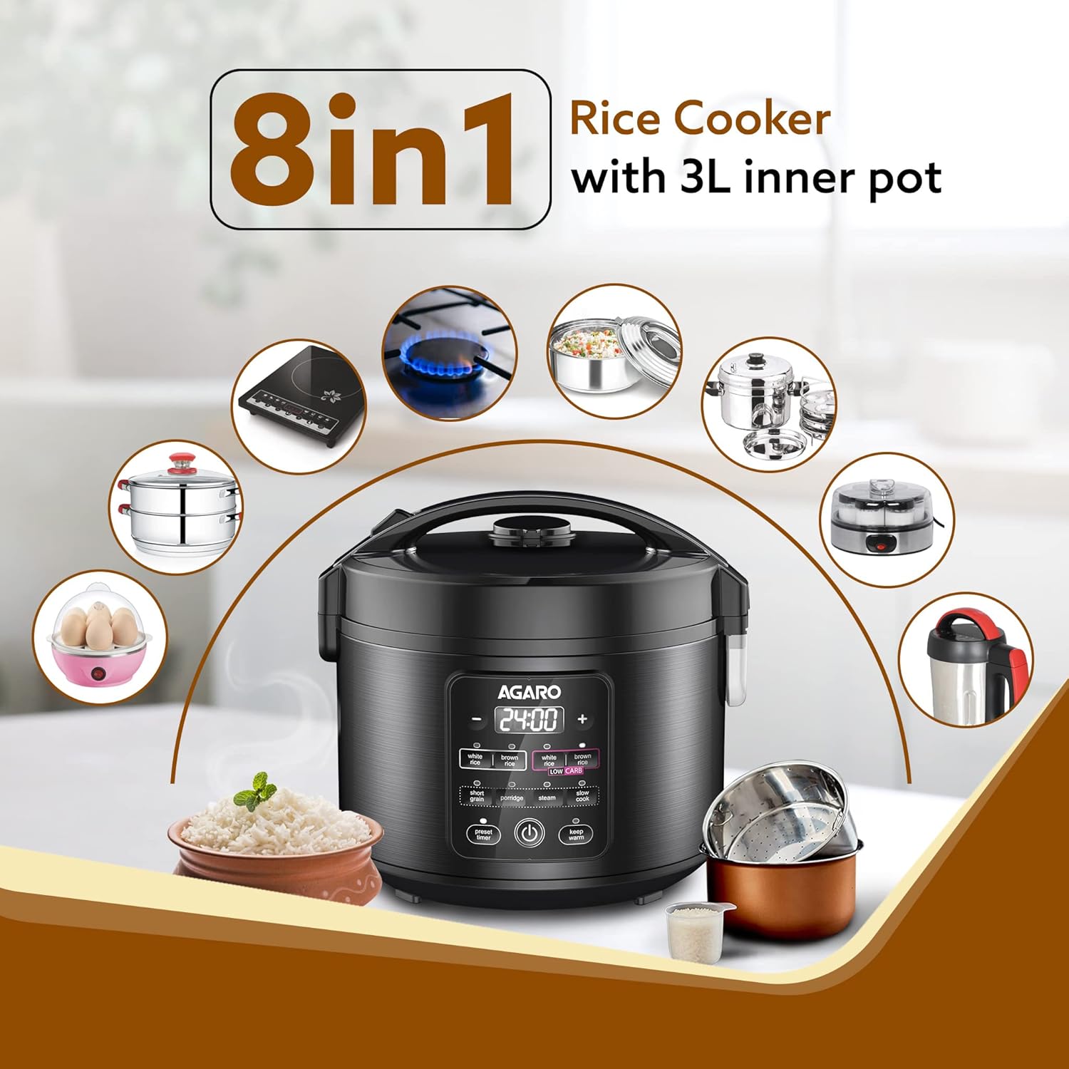 AGARO Regal Electric Rice Cooker, 3 Liters Ceramic Inner Bowl, Cooks Up to 600 Gms Raw Rice, SS Steamer, Preset Cooking Functions, Preset Timer, Keep Warm Function, LED Display, Black 2 71Zgl1RChmL. SL1500