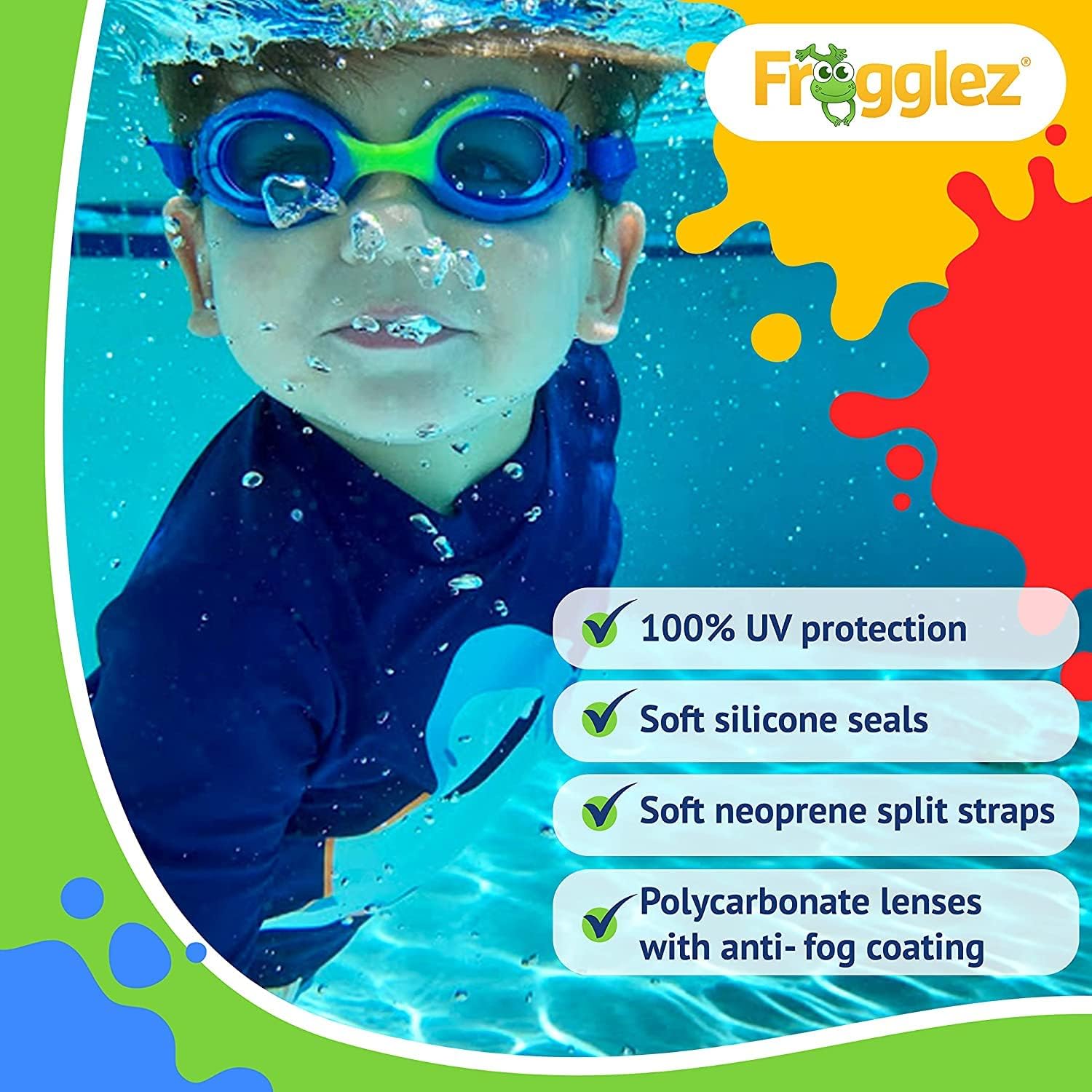 Frogglez Anti-Fog Swimming Goggles for Kids under 10 (Ages 3-10) Recommended by Swim Instructors; Premium Pain-Free Strap