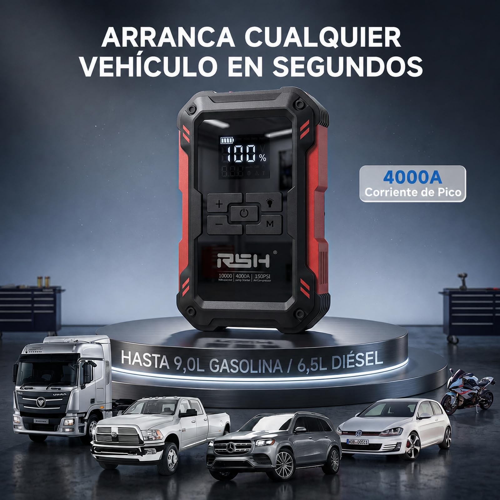 RSH Arrancador de Baterías de Coche 4000A con Compresor de Aire 150PSI – Jump Starter Portátil 12V 10000mAh para 9,0L Gasolina y 6,5L Diésel – Pantalla LCD, Linterna LED, Carga USB 18W