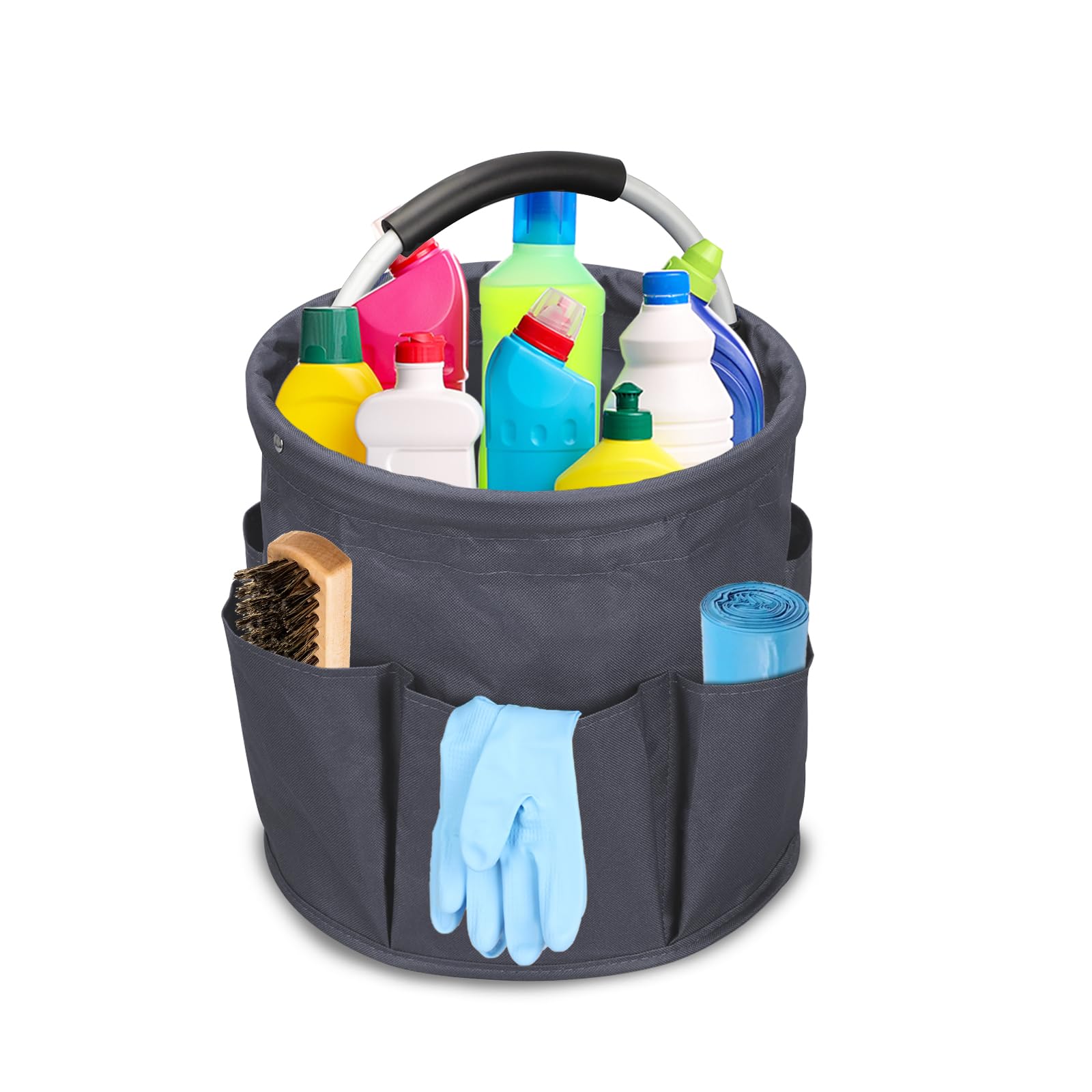 Bolsa para Limpieza, Contenedores para Productos de Limpieza con 6 Bolsillos Cesta de Limpieza Portatil Caja para Productos de Limpieza, para Guardar Productos de Limpieza y Herramientas (Gris Oscuro)