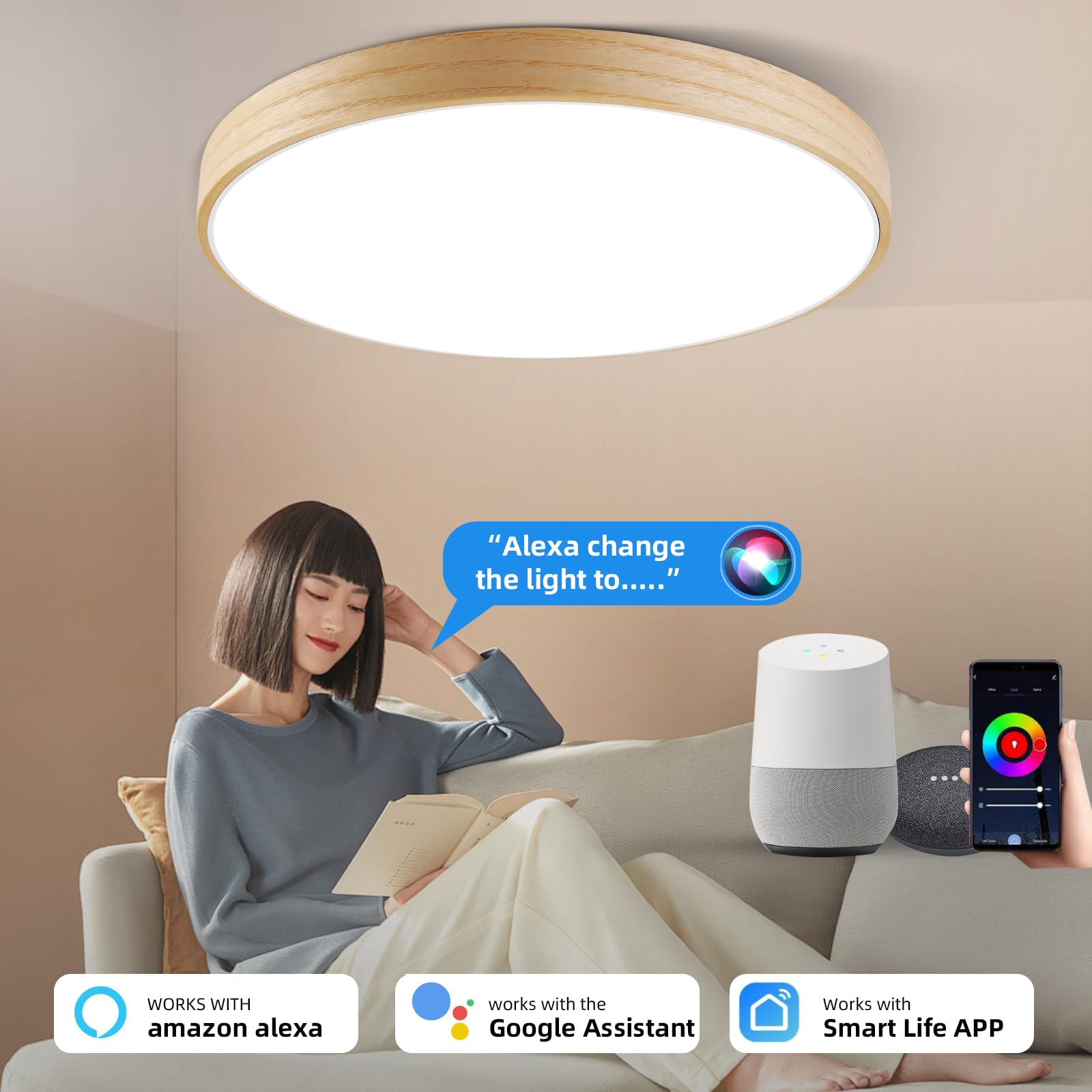 Plafoniera LED Smart WIFI, Luce LED Dimmerabile con Alexa Google Home, Plafoniera da 12 Pollici 28W RGB a Colori Variabili con Telecomando, Luce in Legno Naturale per Camera da Letto