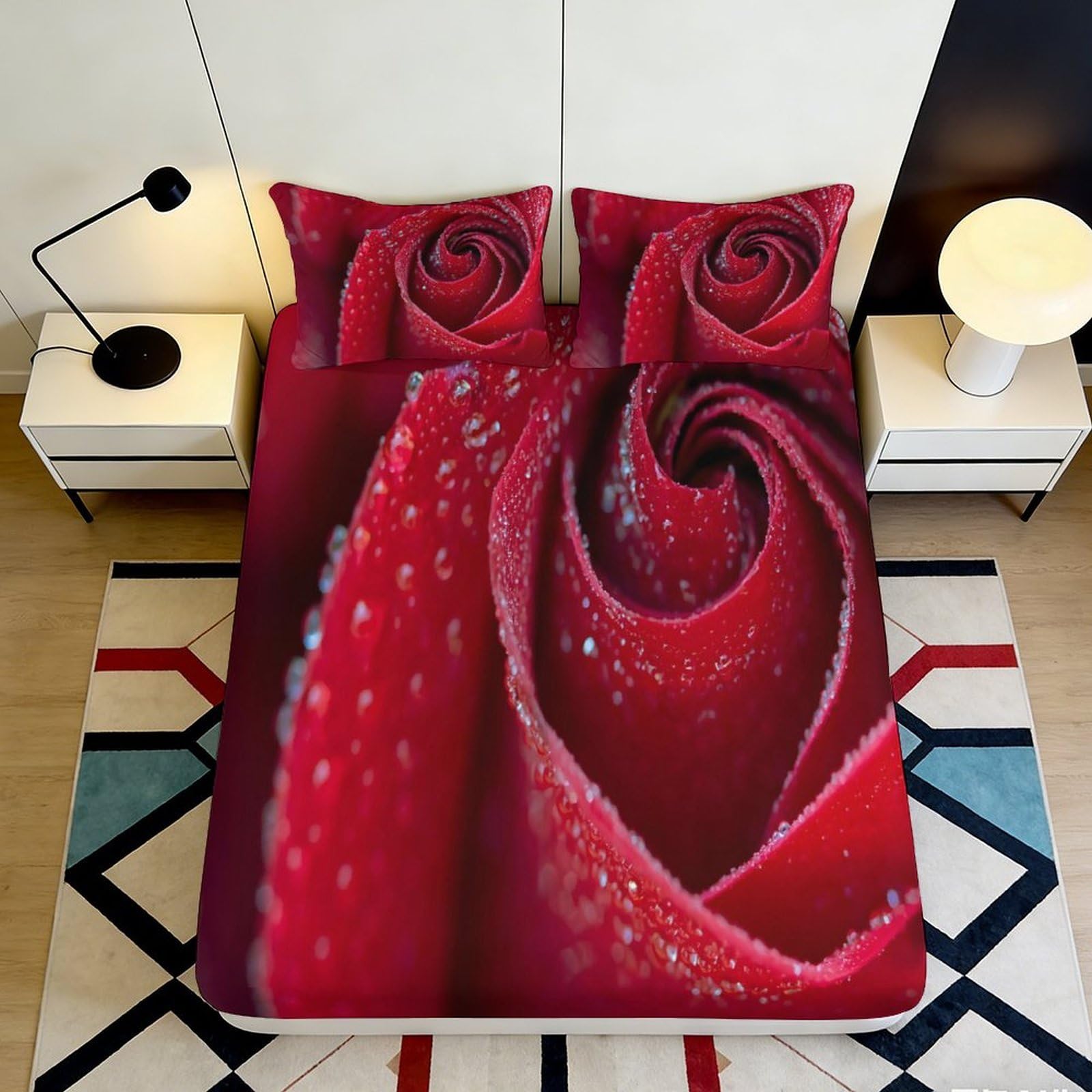 3D Printed Red Rose Fitted Sheet Microfiber Soft Bed Cover Waterdrop Art Bedroom Mattress Protection Decor 90x200x25cm
