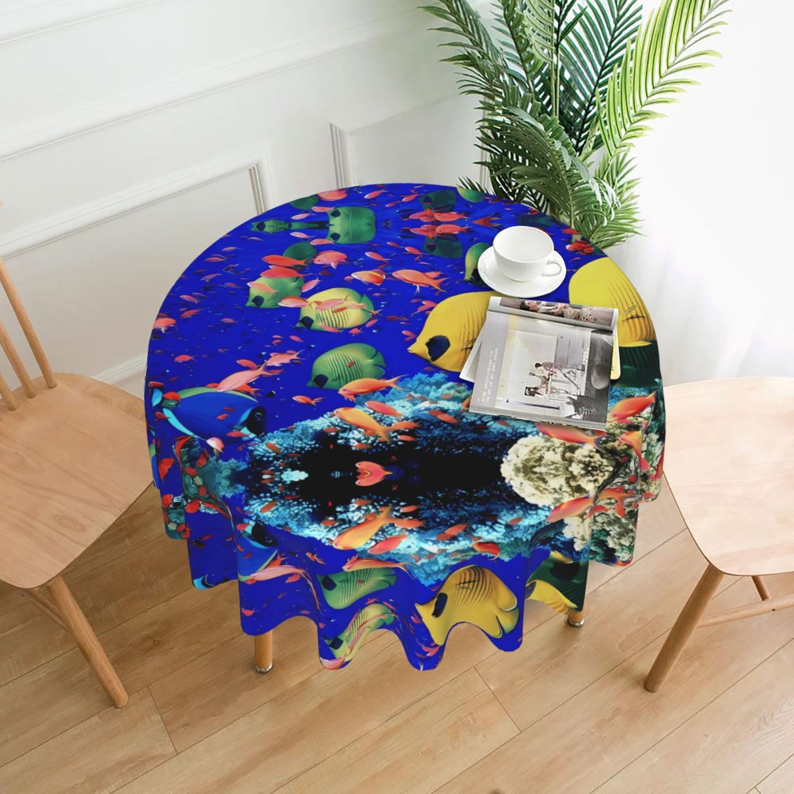 Hjfczh Black Sea Fishes Prints Round Table Throw 60 Inch - Waterproof Table Cover - Soft & Wrinkle Resistant Decor Layer For Dinners, Parties & Everyday Use