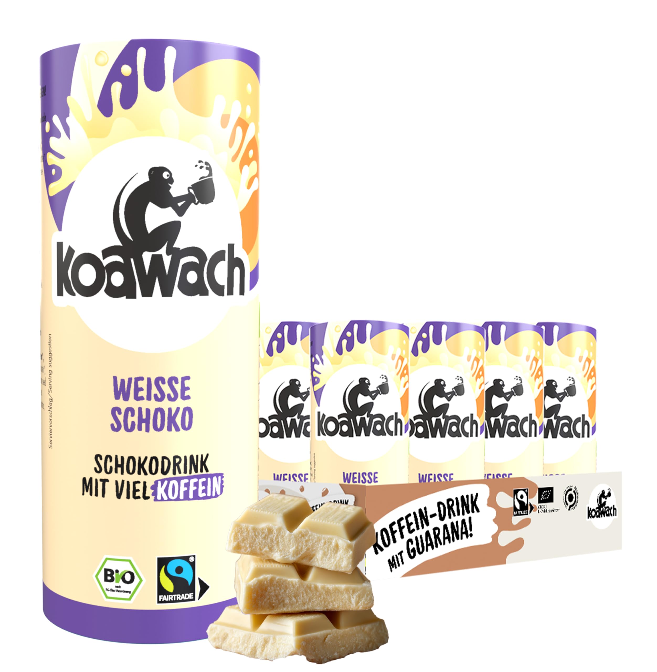 koawach – Trinkschokolade Weiße Schokolade mit Koffein 12x235ml Set – Bio-Trinkkakao mit natürlichem Guarana – Schokomilch Energy Drink alternative mit Milch – Schokodrink in nachhaltigen Papp-Dosen