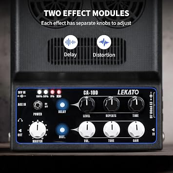 LEKATO Electric Guitar Amp, Rechargeable Guitar Amp 20W, Distortion, Delay Effect, Bluetooth, Guitar Amp Combo for Daily Practice, Travel