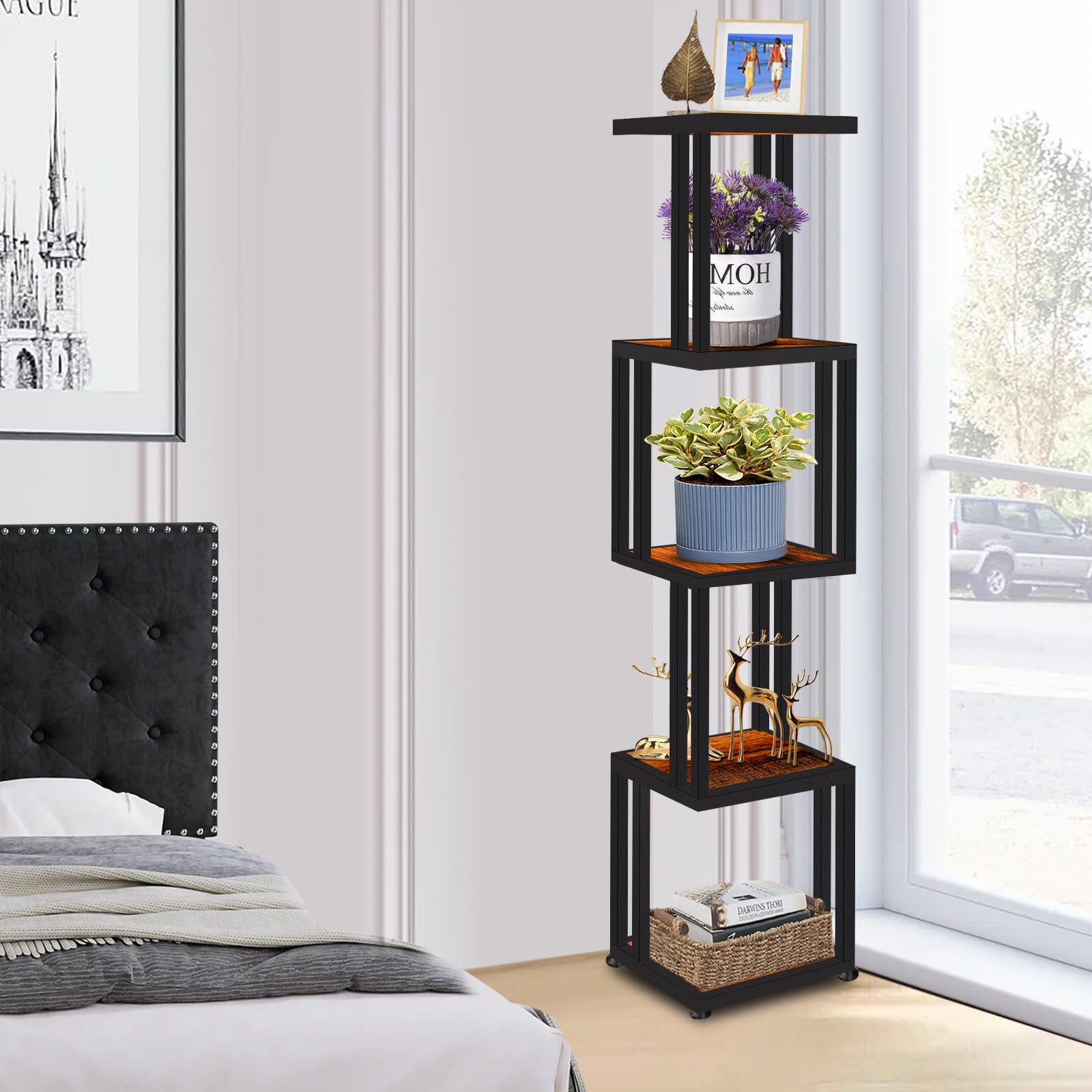 5 -Tier Corner Shelf Stand, Industrial 62'' Tall Corner Shelves, Heavy Duty Square Corner Bookshelf Display Shelf for Small Space, Living Room, Home Office, Kitchen, Rustic Brown and Black