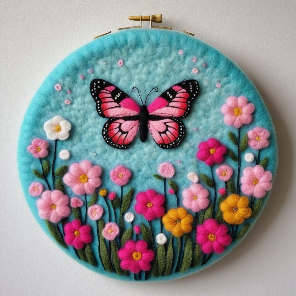 Needle Felting Kits Beginners, Butterfly DIY Wool Needle Felting Starter Kit, Needle Felt Set with Picture Frame, Foam Pad, Felt Cloth and Instructions, Gift for Home Decoration (butterfly art-09)