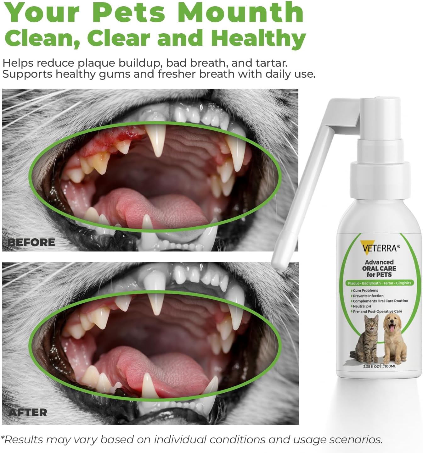 Dog and Cat Dental Spray for Dogs & Cats – Vet Recommended Oral Care, Teeth Cleaning Spray, Breath Freshener, Helps Reduce Plaque and Tartar, No Brushing Required - 3.38 Fl Oz - 100 Ml