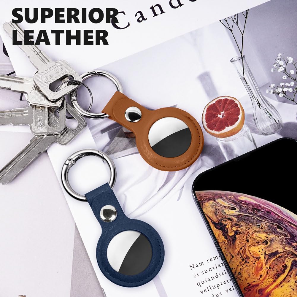 Ainiv Protective Case for Apple Airtags, 2 Pack PU Leather Keyring Case, Tracker Cover for AirTags, Pet Dog Cat Collar Locator Tracker Cover, Key Finder Case for AirTag-Blue and Brown — view 6