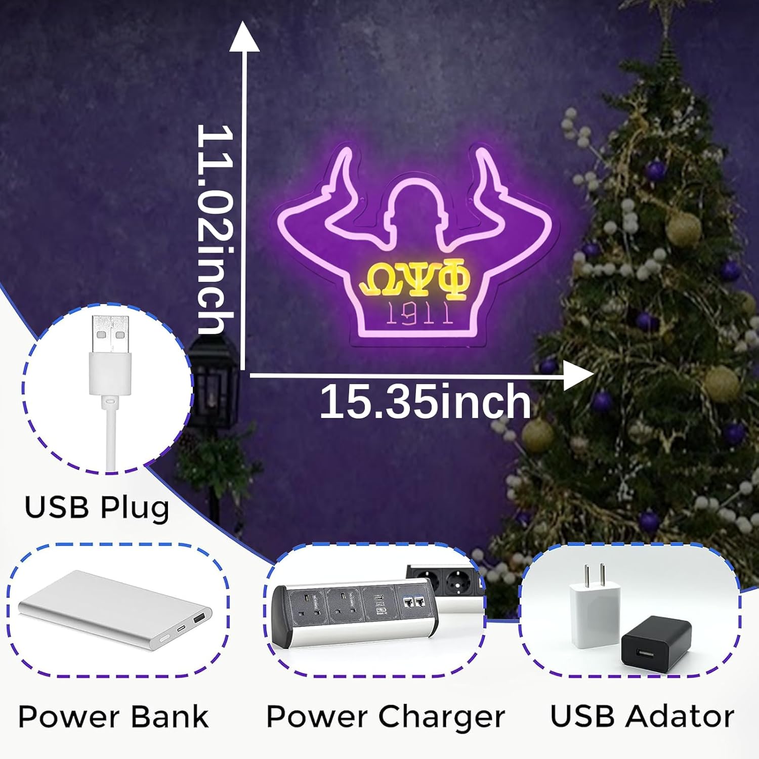ΩΨΦ Neon Signs Omga Fraternity Neon Psi Phi Lights for Wall Decor,1911 Psi Phi Purple Sorority LED Sign for Birthday Gfits, Party Decor, USB Power Sorority Signs Gifts