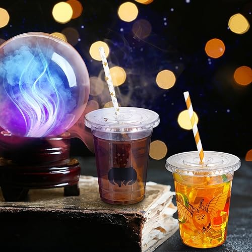 Miniatura 5 de Roowest Juego de 120 vasos desechables de plástico de 12 onzas con tapas y pajitas para niños y niñas, mago para Halloween, cumpleaños, bebidas