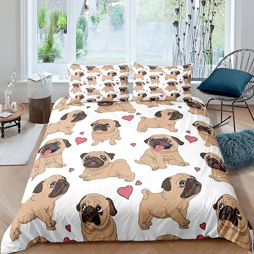 Feelyou Juego de funda de edredón con estampado de perro de cachorro y carlino de dibujos animados para niños y niñas, con temática de animales en