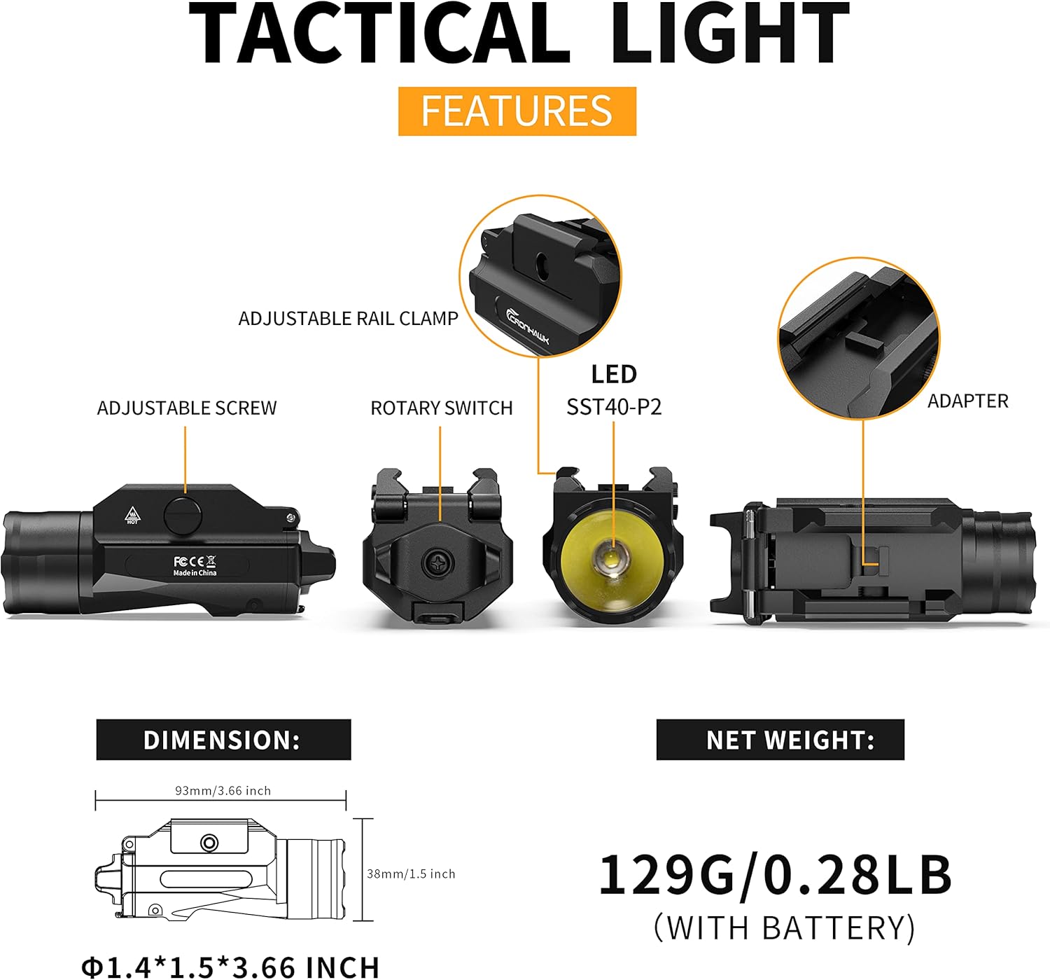CRONHAWK 1350 Lumens Pistol Light Rail Mounted Flashlight, Rechargeable Gun Flashlights for Pistol Airsoft