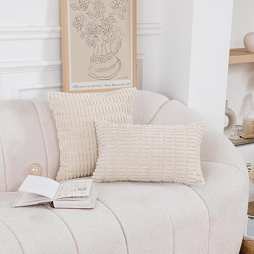 Miniatura 3 de HWY 50 Juego de 2 fundas de cojín decorativas de pana color blanco crema de 16 x 16 pulgadas para sofá, sala de estar, cama, fundas de cojín suaves
