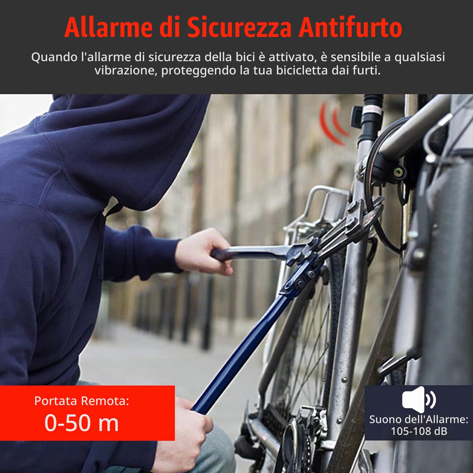 Luce Posteriore per Allarme Bici senza Fili Antifurto con Telecomando 108db 3 Modalità Campanello+4 Modalità di Illuminazione Fanale Posteriore Della Bicicletta IPX5 Impermeabile per Ciclismo