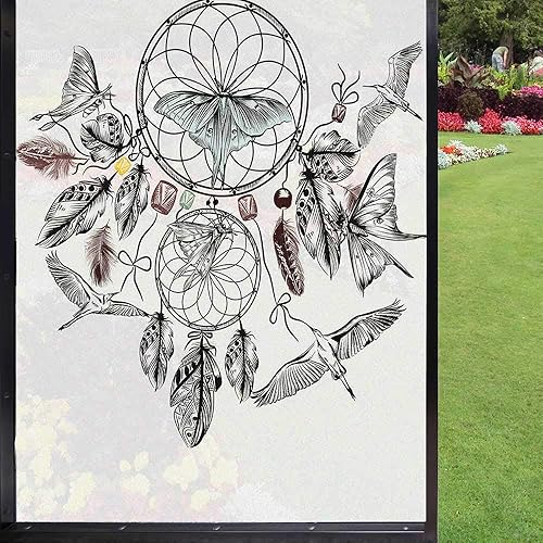 Película retro de privacidad para ventana, recoge tus palabras de sueños felices con patrón de atrapasueños y mariposas, tinte de protección UV para