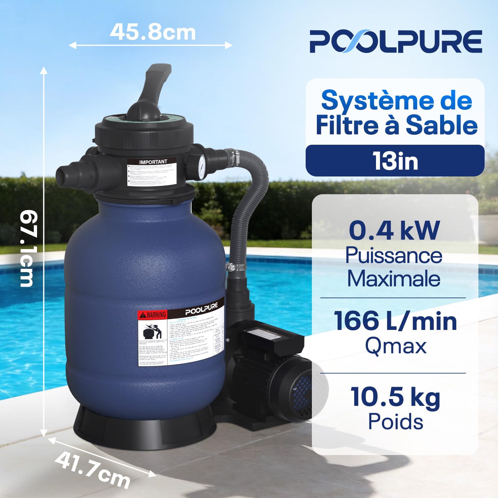 POOLPURE Système de Filtre à Sable 6,4 m³/h | Filtre à Sable et Particules 400W pour Piscine Hors Sol | Pompe Piscine avec Vanne 7 Voies, Manomètre et 700g Balles | Ø 32/38mm