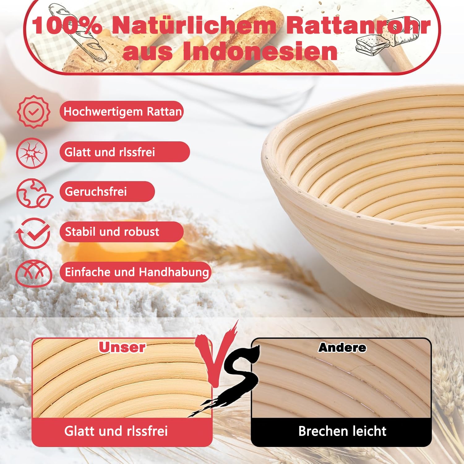 Sauerteig Starter Set, Gärkorb Brot Set mit 2 Gärkörbchen (23cm Runde & 25cm Ovale), Rattan, 1000ml Glasgefäß zur Sauerteiggärung, inkl. Teigschaber, Leineneinsatz, Brotschaber & mehr