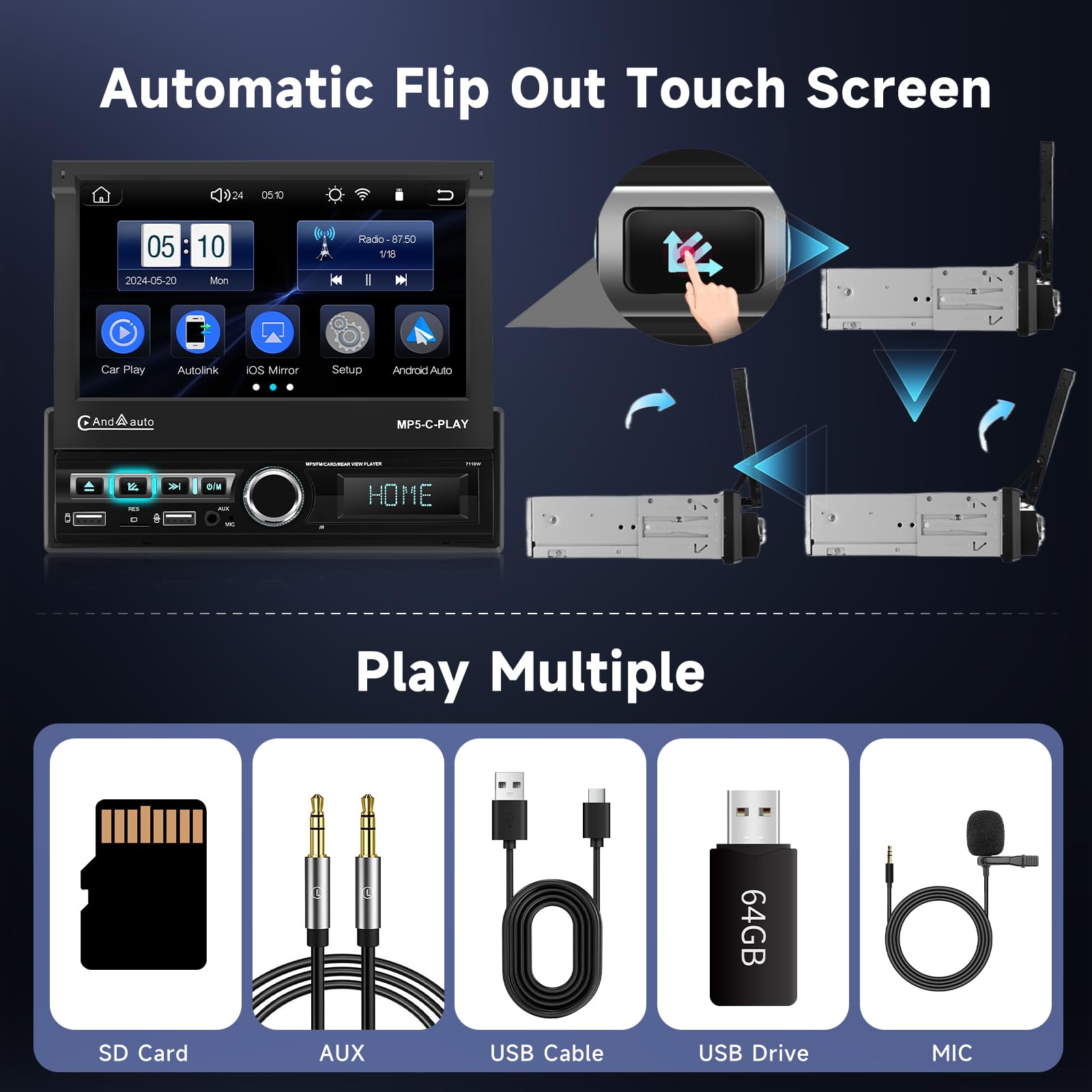 Hodozzy Pianotoetsen 1 DIN autoradio met draadloze Carplay en Android Hodozzy Pianotoetsen 1 DIN autoradio met draadloze Carplay en Android