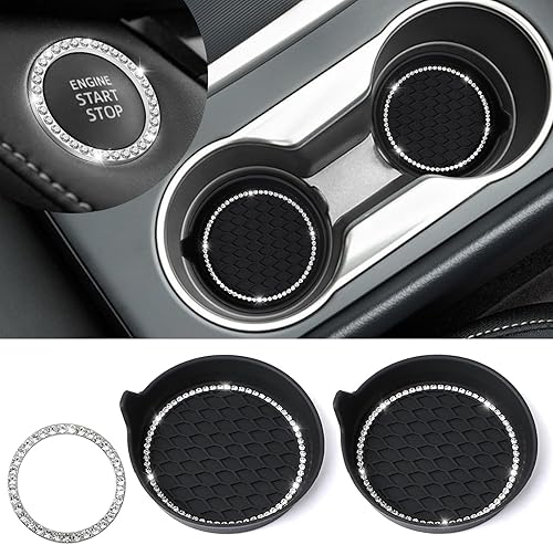 Ouzorp Paquete de 2 posavasos brillantes para automóvil, 1 botón de arranque para automóvil, impermeable, antideslizante, a prueba de derrames, con