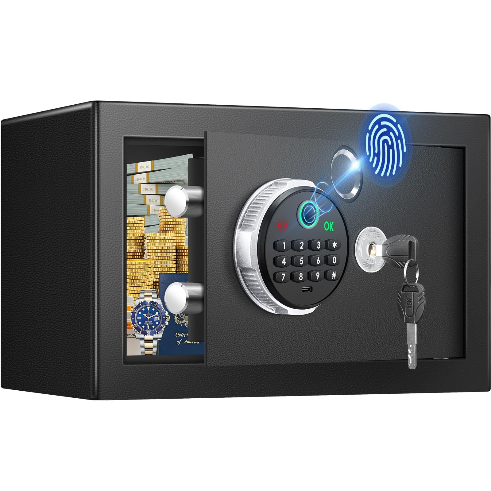 Caja de seguridad biométrica de 15 L con bolsa de dinero ignífuga, caja fuerte para el hogar con teclado digital y llaves de repuesto, caja fuerte de seguridad para dinero en efectivo, joyas y