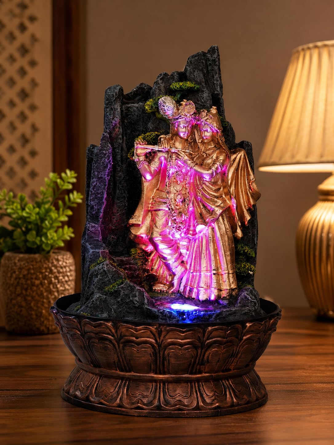 CHRONIKLE Golden and Grey Polyresin Table Top Radha Krishna Rock Finish Indoor Waterfall Fountain for Home Decor with LED & Speed Control Pump (Size: 27 x 27 x 42CM | Wt: 2110Gram)-image-6