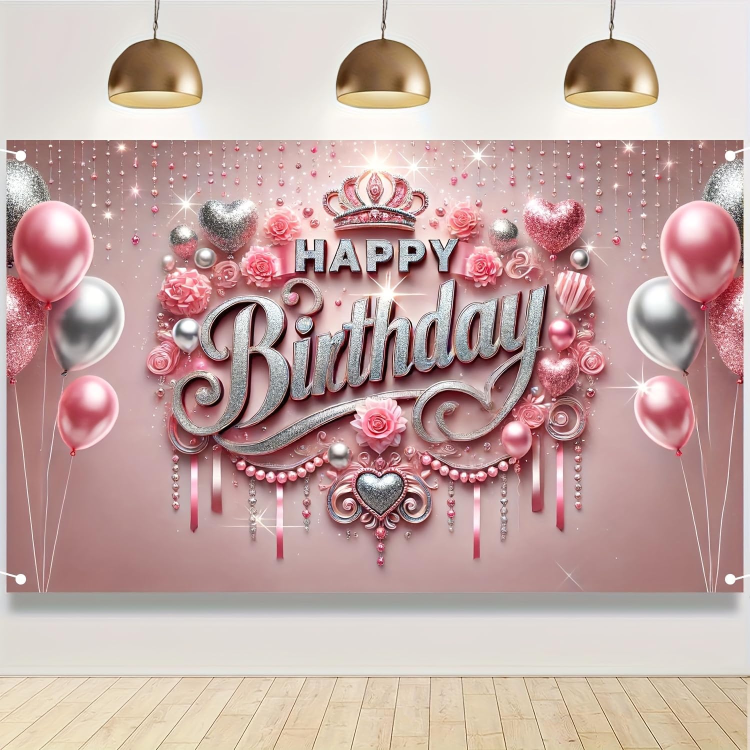 HOMETITUTE Happy Birthday Backdrop Banner Sign Elegant Pink And Silver Happy Birthday Backdrop With Crown And Balloons 96x72 Inch Decorative Party Banner For Birthdays Party Decoration Supplies