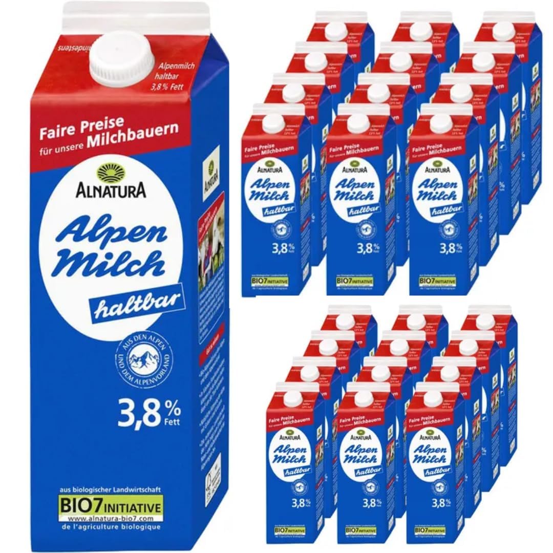 Milch fettarme H-Milch 3,8% Fett Haltbare Milch Alpenmilch Milch, je 1 Liter, 24 Stück mit Pufai