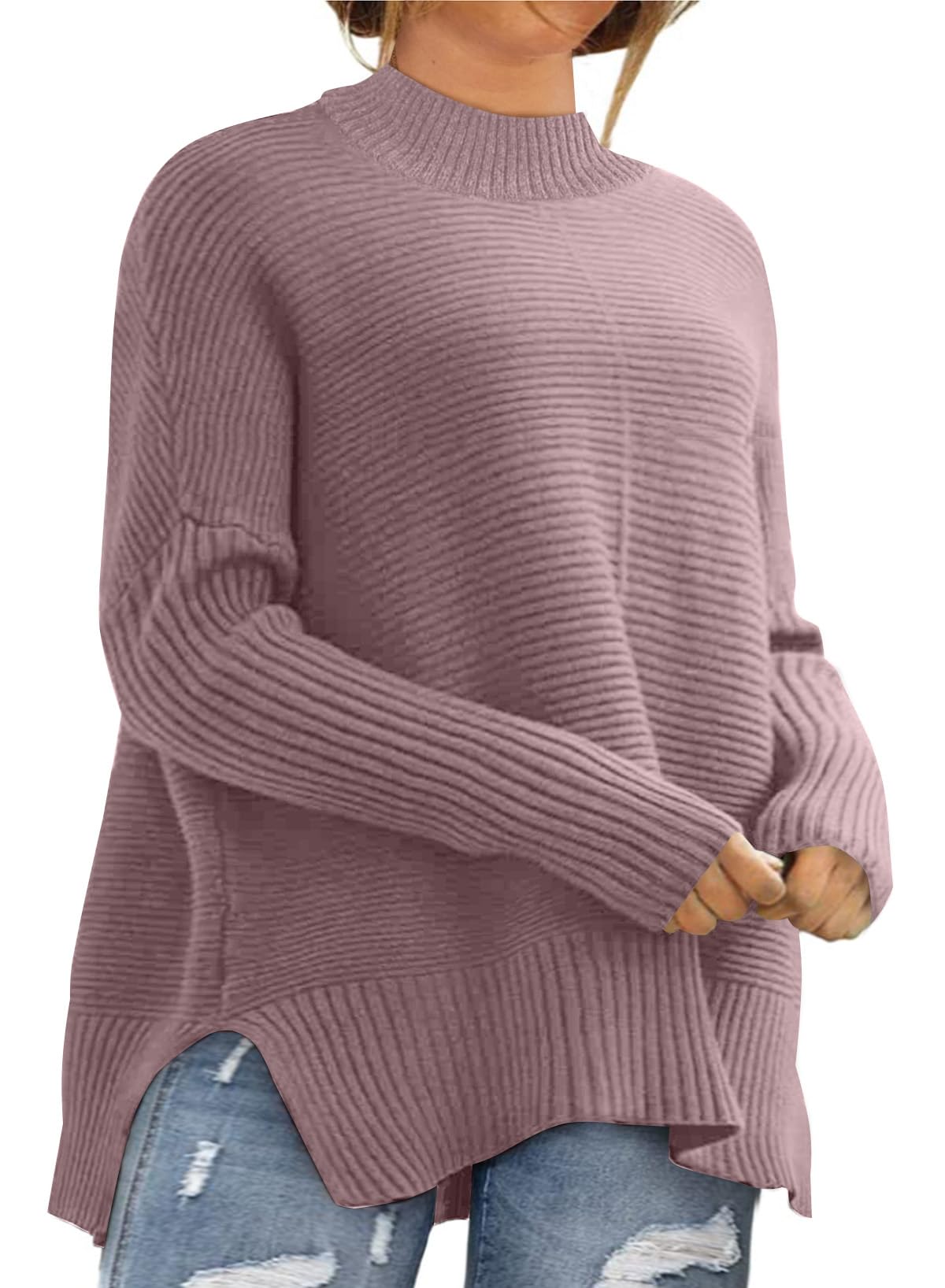 Eytino Womens Plus Size Sweaters Long Sleeve Crew Neck Split Hem Casual Oversized Ribbed Knit Tunic Pullover Tops(1X-5X)