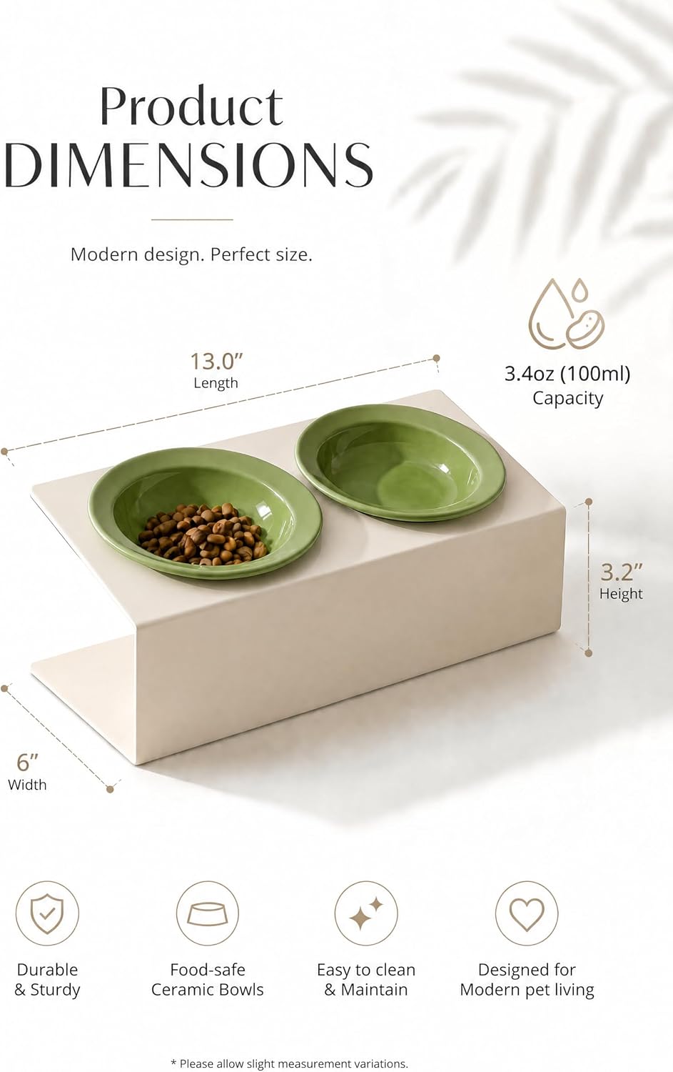 Elevated Cat Bowls 3.4 oz x2, Raised Cat Bowl Stand, Ceramic Cat Food and Water Bowl Set for Cats and Small Dogs (Green)