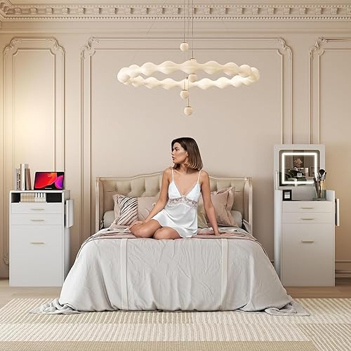 Miniatura 7 de ARTETHYS Juego de escritorio pequeño de tocador con espejo abatible y luces, blanco, integrado 3 en 1, juego de tocadores de maquillaje para