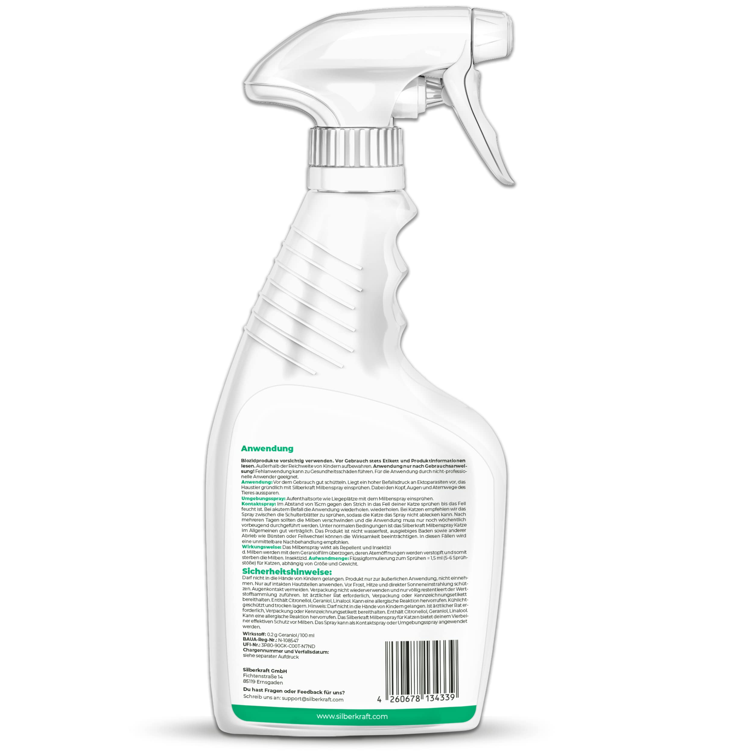 Silberkraft Spray antiácaros para gatos, 500 ml, eficaz antiácaros, para tratar los ácaros del oído, ácaros del gato