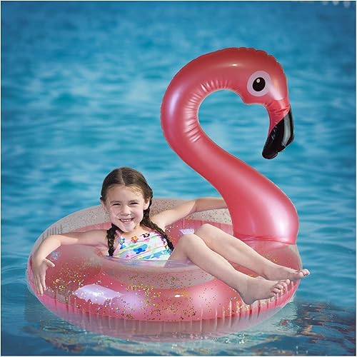 Luvier Medium Swimming Ring Pool Float for Girls, Flamingo Shape Inflatable Pool Float with Glitters, Inflatable Lounge Raft Tube Swimming Ring