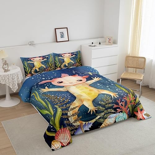 Miniatura 2 de Erosebridal Lindo juego de edredón de ajolote individual para niños y niñas, diseño de Salamanda de dibujos animados, 2 piezas, edredón con temática