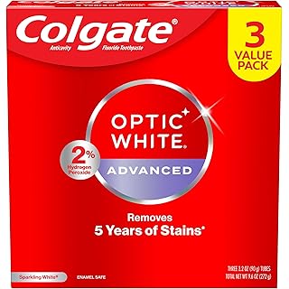 Colgate Optic White Advanced Hydrogen Peroxide Toothpaste, Teeth Whitening Toothpaste Pack, Enamel-Safe Formula, Helps Remove Tea, Coffee, and Wine Stains, Sparkling White, 3 Pack, 3.2 oz