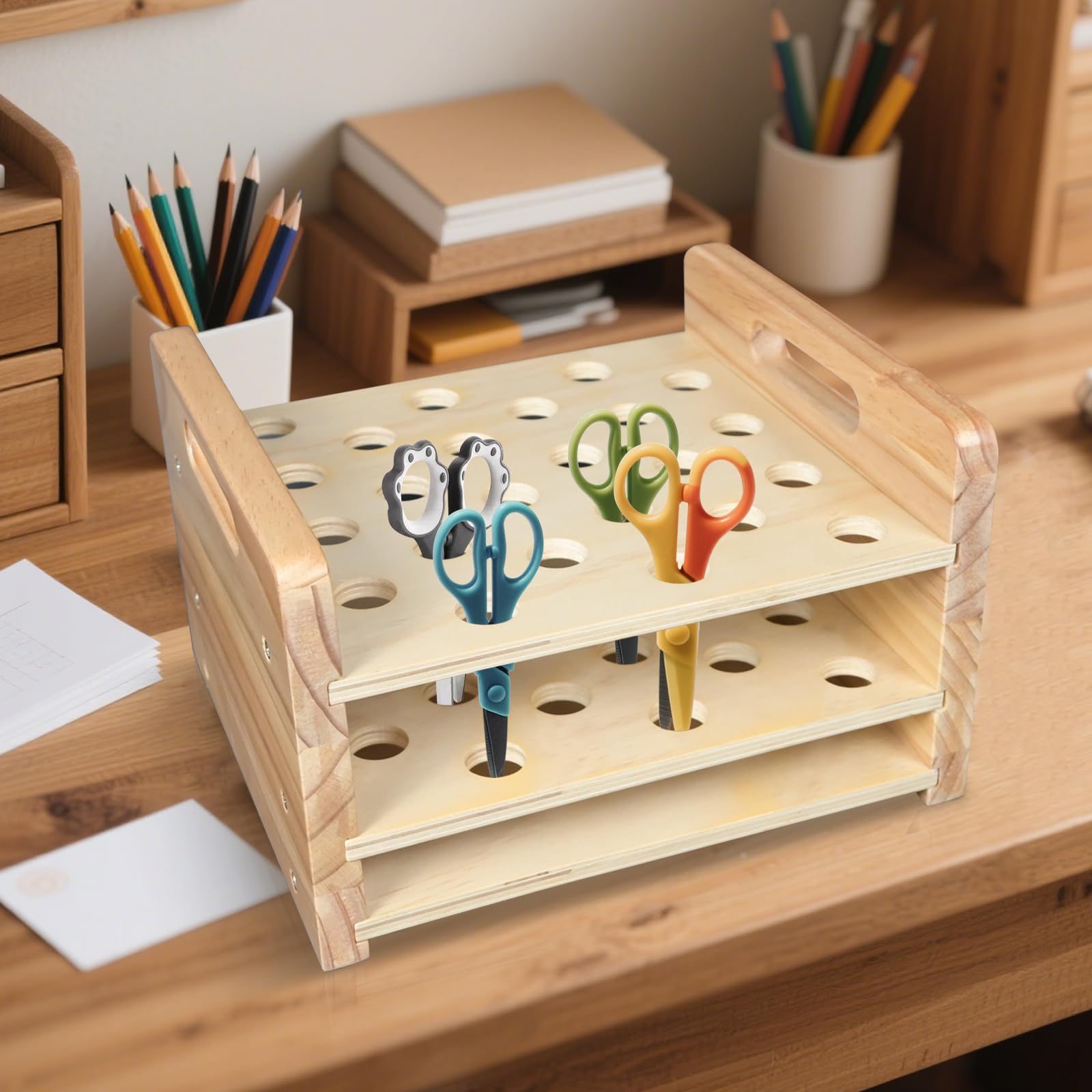Supporto per forbici in legno, 24 fori, in legno naturale, organizer per sopracciglia, penne, pennelli da trucco, organizer da scrivania per aule, ufficio, barbiere, casa