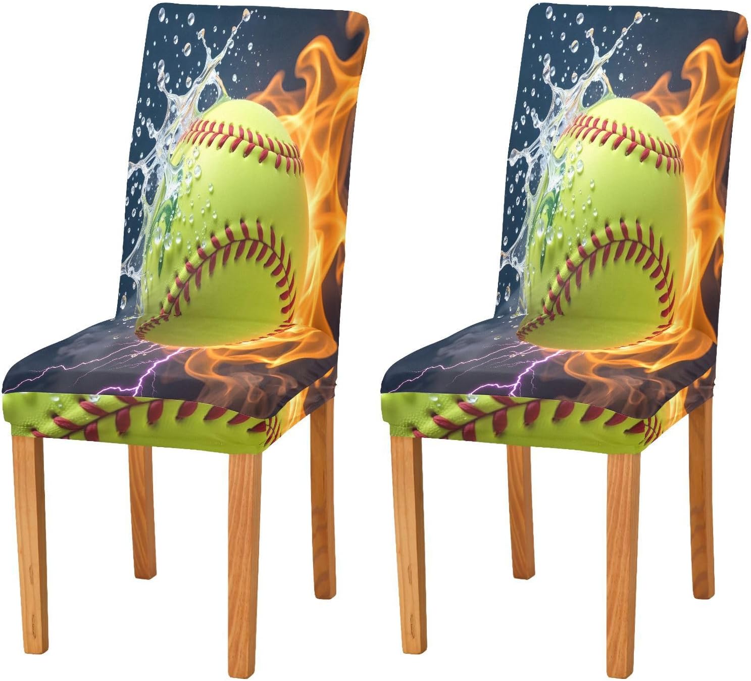 ALAZA Chair Covers for Dining Room, Green Baseball Fire Stretch Chair Cover Sets Chair Protector Removable Washable for Ktichen Restaurant Hotel